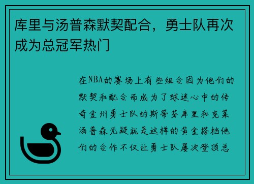 库里与汤普森默契配合，勇士队再次成为总冠军热门