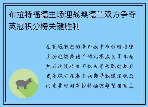 布拉特福德主场迎战桑德兰双方争夺英冠积分榜关键胜利